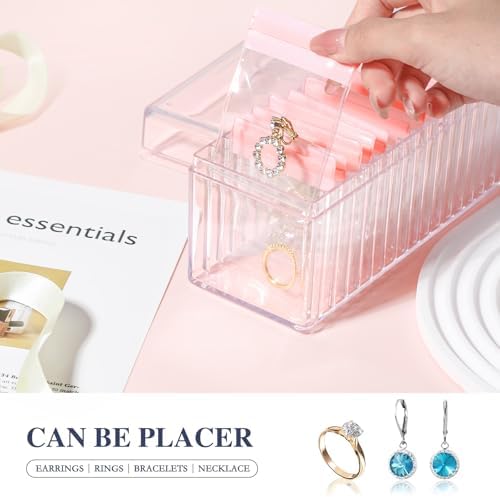 HOMEHIVE Acrylic Jewelry Box Organizer, Clear Jewelry Organizer Holder with 20 Portable Anti Tarnish Jewelry bags, Travel Jewelry Case for Earrings/Rings/Necklaces for Women Girls, Pink - Image 3