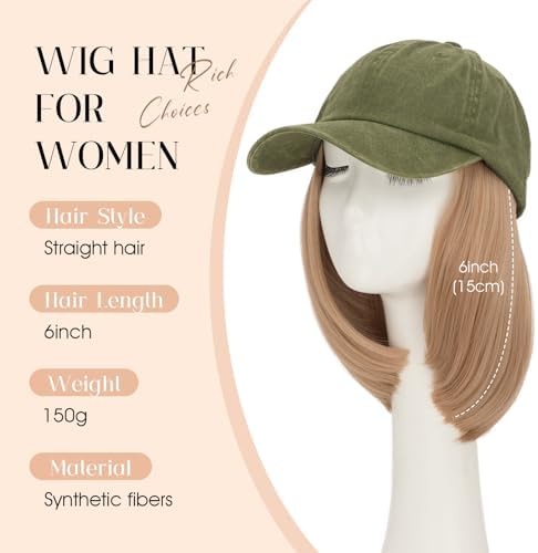 Rich Choices Hat Wigs for Women,Olive Green Baseball Cap with Hair Extensions for Women,Short Bob Hairstyle Caps with Synthetic Hair Attached Adjustable Baseball Cap Wig 6 Inch Light Blonde Hair - Image 2