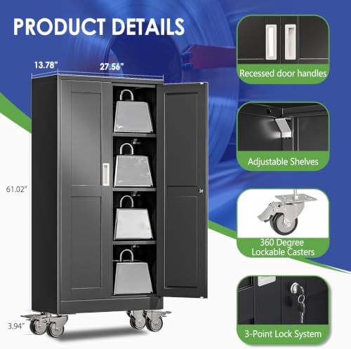 61" Metal Garage Storage Cabinet with Wheels and Locking Doors and Tall Rolling Steel Tool Cabinet with 3 Adjustable Shelves for Garage,Home,Office,Shop (Black, 61''H x 28''W x14''D) - Image 3