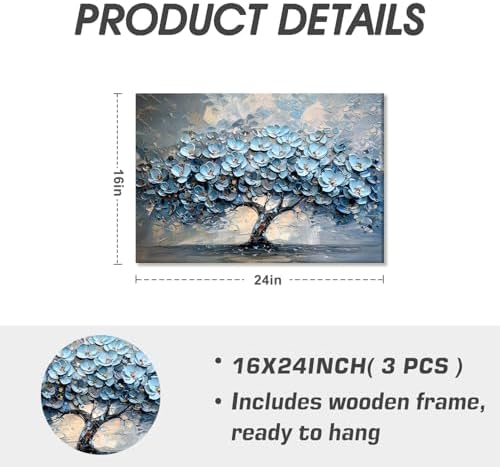 EEYNAQQ Blue Floral Tree Wall Art, 3D Textured Tree of Life Canvas Painting, Abstract Nature Flower Wall Decor for Living Room Bedroom, 16x24 Inches Ready to Hang - Image 5