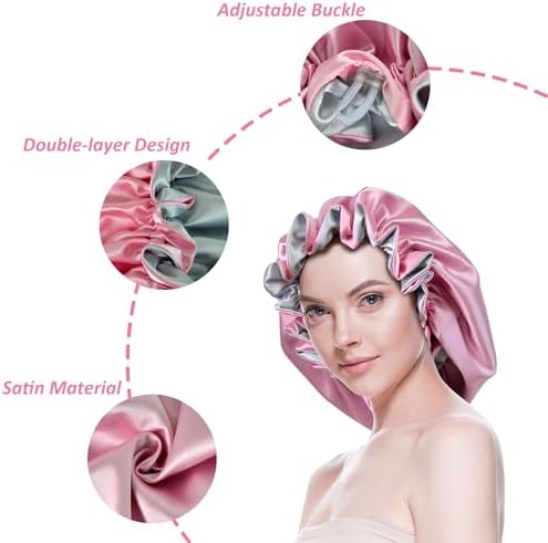 Silk Bonnet for Sleeping Satin Bonnets Double Layer Reversible Hair Cap Bonnet for Women Long Curly Braid Hair (Pink) - Image 3