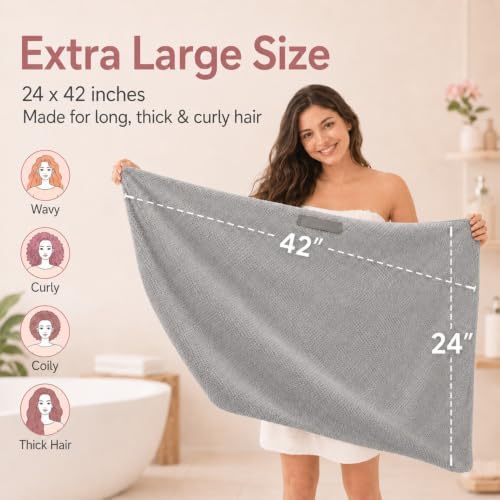 Large Microfiber Hair Wrap Towel for Women, Quick-Dry & Absorbent (Grey) - Image 2