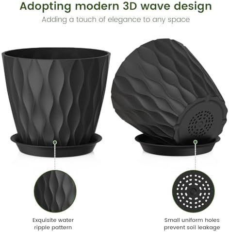 Meowell 7 inch Plant Pots for Indoor Outdoor Plants, 5 Pack Thick Flower Pots with Drainage Holes and Saucers, 3D Modern Wave Texture Plastic Planter Pots for House Plants, Black - Image 3