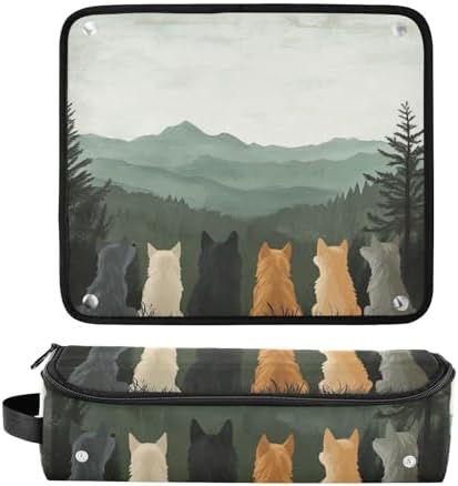 Hair Tools Travel Bag with Heat Resistant Mat Detachable 2-in-1 Curling Iron Travel Case Hot Tools Organizer for Straightener Flat Iron Cute Wolves Back and Green Mountain - Image 3