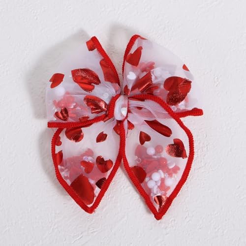 Glitter Valentines Shaker Bows Alligator Clips for Girls Women, 2Pcs 4" Red Heart Mesh Tulle Ribbon Fable Bow Hair Barrettes Gift for Kids Birthday Wedding Party Dress Decor Accessory - Image 6