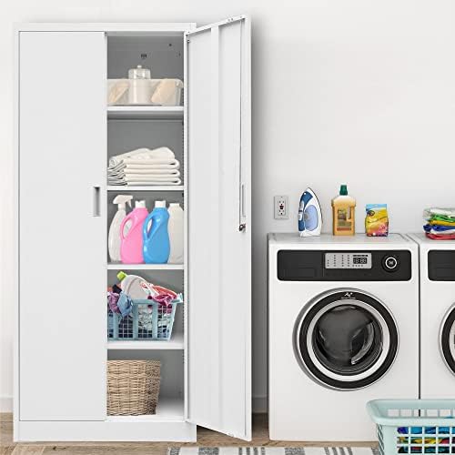 Wanfu Metal Storage Cabinet, 71”H Locking Storage Cabinet with 5 Adjustable Shelves, Steel Cabinets for Garage, Home, Office, Pantry (White) - Image 6
