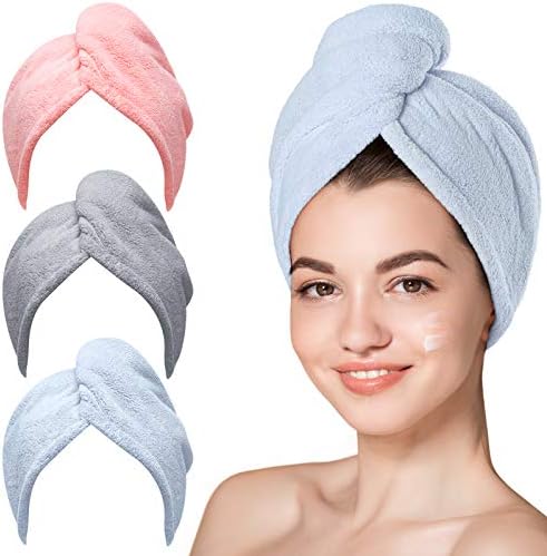 Hicober Microfiber Hair Towel Wrap for Women, Blue Grey Pink, 3-Pack by Hicober