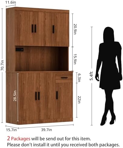DIYART 71 Inch Rustic Brown Pantry Cabinet with Power Outlet, Heavy-Duty Freestanding Kitchen Storage Organizer with Reinforced Frame, Pantry Hutch for Kitchen, Dining Room, Living Room - Image 2