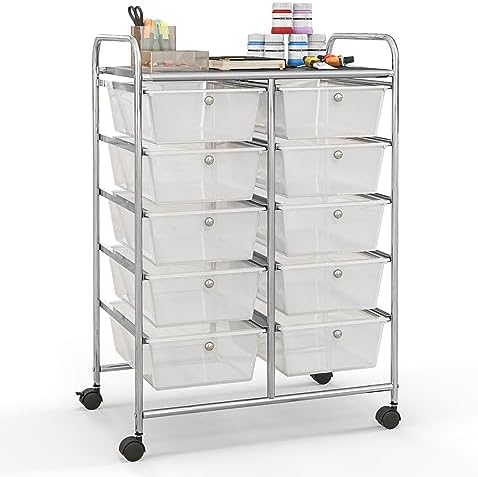 Giantex 10 Drawers Rolling Cart, Classroom Organizers, Storage Cart with Wheels, for Teacher Office Home School Supplies Tool Craft Art Paper, Clear White by Giantex