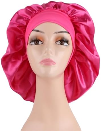 2 Pcs Extra Large Size Women Satin Bonnet Sleep Cap Silk Feeling Shower Cap Hair Scarf Wrap (Black Burgundy Hot Pink) (Hot Pink) - Image 2