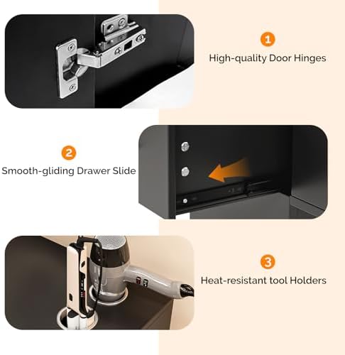 OmySalon Salon Station with Mirror, Locking Barber Station for Hair Stylist, Wall Mount Cabinet with Hair Dryer Holders & Open Shelves, for Barbershop Beauty Spa, Black - Image 4