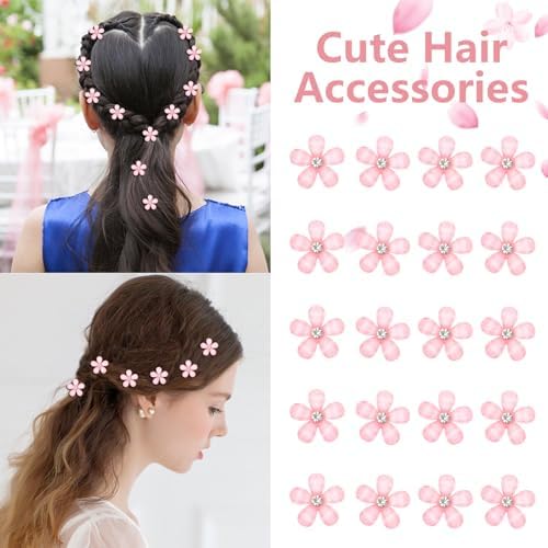 YISSION Mini Pink Flower Hair Accessories - 20Pcs Rhinestone Decorative Barrettes, Pins and Clips for Girls, Women, Weddings and Bridal Occasions - Image 3