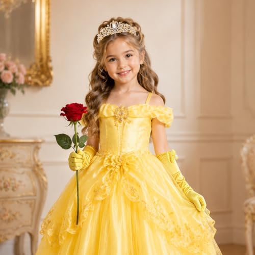 Princess Costume Accessories Crown Rose Hair Bow Yellow Gloves Kit - Image 5