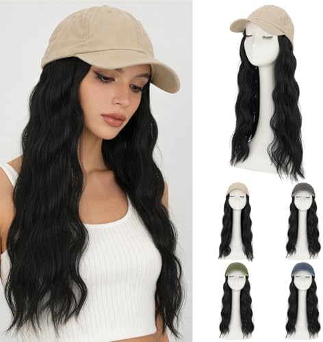 Rich Choices Hat Wigs for Women,Khaki Baseball Cap with Hair Extensions for Women,Caps with Wavy Curly Synthetic Long Hair Attached Adjustable Baseball Cap Wig 18 Inch Black Hair by RichChoices