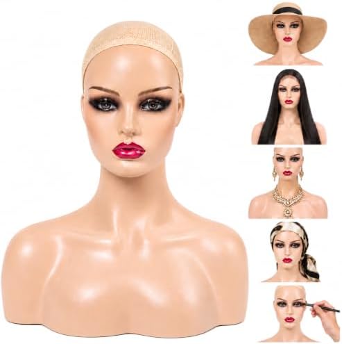 Realistic Female Mannequin Head with Shoulders – Lifelike Cosmetology Manikin Display Bust for Wigs, Jewelry, Necklaces, Hats, Sunglasses, Scarves & Makeup Practice. (Brown red Lip) by Unknown