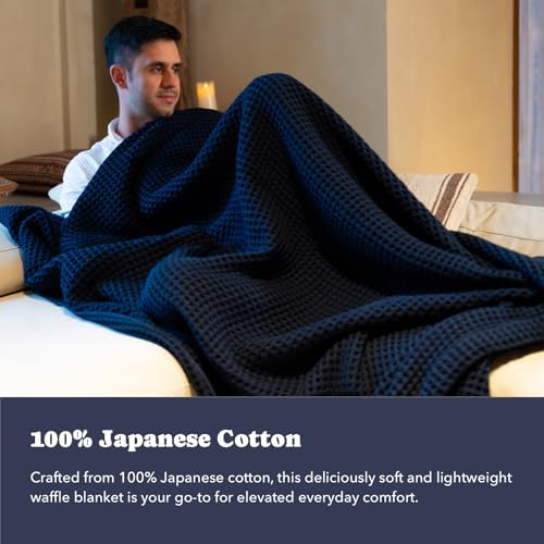 Luxury Organic Japanese Cotton Waffle Towelket Throw Blanket Bedspread for All Sleepers | Soft, Breathable and Thermoregulating (Ocean Blue, 67''x91'') - Image 3