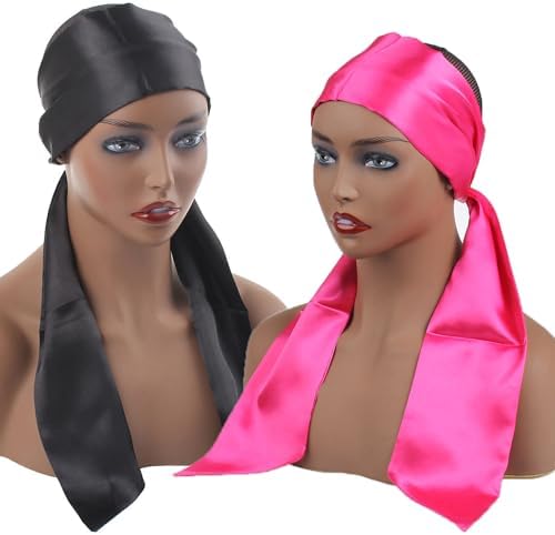 XTREND 2Pcs Satin Edge Scarves for Wig 56 Inch Women's Laying Scarf for Lace Wig Non Slip Hair Wrap Wigs Grip Band for Yoga, Makeup, Facial, Sport (1pc Pink#+1pc Black#) - Image 4