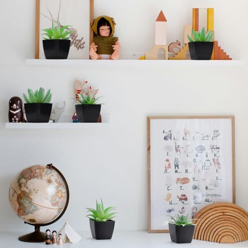 Woration 6pcs Small Faux Artificial Flocking Succulent Plants in Black Pots Fake Plastic Plants Topiaries for Shelf Table Windowsills Office Home Green Decoration - Image 2