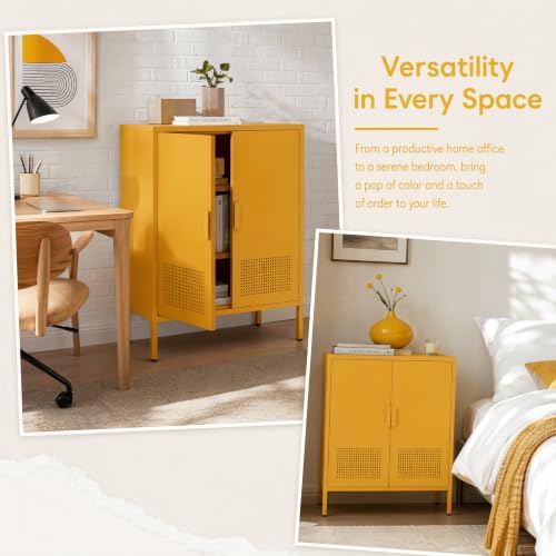 Yellow 2 Door Metal Storage Cabinet, Ventilated Accent Locker with 2 Adjustable Shelves, Freestanding 3 Tier Storage Sideboard Cabinet for Living Room Kitchen Bedroom Entryway Office - Image 7