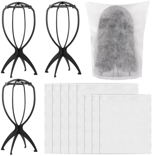 Tecbeauty 4Pcs Wig Stand with 8Pcs Wig Dust Bag, Portable Wig Holder Wig Head Stand for Women Multiple Wigs (Black) by Tecbeauty