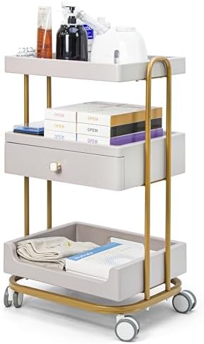 Elitzia 3-Tier Beauty Rolling Cart with Drawer for Salon SPA Grey by ElitziaCare