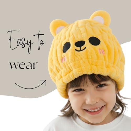 Microfiber Hair Towel Wrap for Kids, Yellow Bear Toddler Quick Dry Cap - Image 2