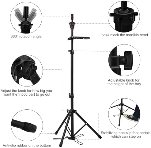Klvied Wig Stand Tripod Adjustable Mannequin Head Stand with Foot Panel, Reinforced Metal Wig Head with Tool Tray for Cosmetology Hairdressing Styling Training - Image 2