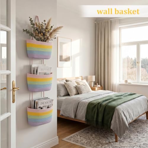 TeoKJ Over the Door Hanging Storage Basket 3 Tier Wall Organizer Rainbow - Image 3