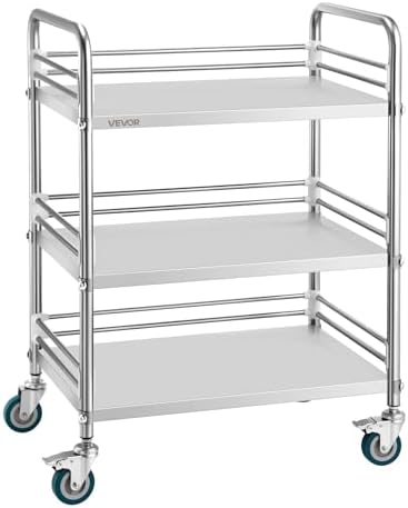 VEVOR Stainless Steel Rolling Cart, 3-Tier Metal Utility Cart with Lockable Wheels, Medical Serving Trolley Clinic Tray, Mobile Service Cart for Hospital, Lab, Restaurant, Kitchen, Salon by VEVOR