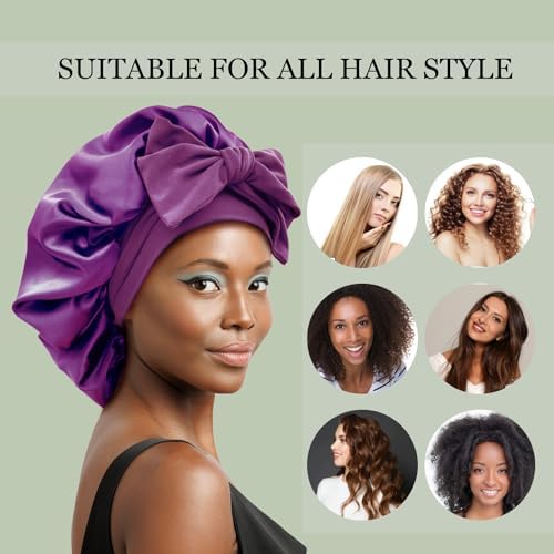 Satin Silk Hair Bonnet for Sleeping Large Bonnets with Tie Band Wrap with Adjustable Straps Night Sleep Caps for Women Curly Braid Hair (Black,Purple) - Image 4