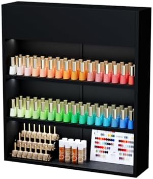 OmySalon Wall Mounted Display Rack, 32-Inch 3-Tier LED Nail Polish Organizer Shelf with USB Touch Control, for Nail Salon, Spa, Beauty Studio Storage, Wooden Retail Display (Black) by OmySalon