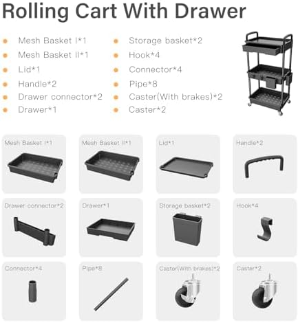3 Tier Rolling Utility Cart with Drawer,REBECAT Utility Cart Made of Multifunctional Storage Organizer Tool for Kitchen,Bathroom,Living Room,Office(Black) - Image 4