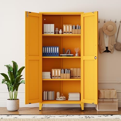 Metal Storage Cabinet with Lock,Yellow Steel Tool Cabinet with 3 Adjustable Shelves,61 Tall Freestanding Heavy Duty Garage Locker for Home Office Kitchen 61" H X 27.6" W X 13.8" D - Image 5
