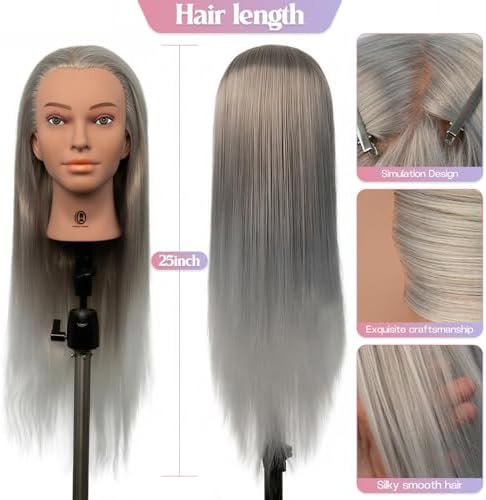 Mannequin Head 24-25inch, Synthetic Fiber Hair Mannequin Head, Beauty And Hairdressing Model Practice Head, with Clip-on Stand Set (Silver) - Image 3