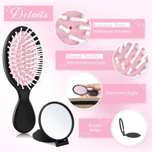 Meanplan 24 Pcs Mini Hair Brush Set Travel Wet Dry Hair Combs Pocket Detangling Compact Folding Makeup Mirrors for Spa Sleepover Birthday Bridal Shower Bachelorette Christmas Party Gift(Black Pink) - Image 3