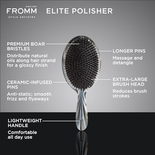 Fromm Professional Elite Polisher Ceramic x Ionic Luxurious Shine Boar Bristle Brush | Gentle Hair Detangler & Massage Brush Smooths Frizz & Flyaways for Medium to Thick Curly Hair - Image 2