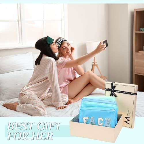 Remerry 4 Pcs Nylon Makeup Bags Waterproof Spacious Travel Cosmetic Bag for Women Chenille Letter Preppy Zipper Pouch Face Stuff Skin Hair Organizer Gift(Blue Green Colors) - Image 6