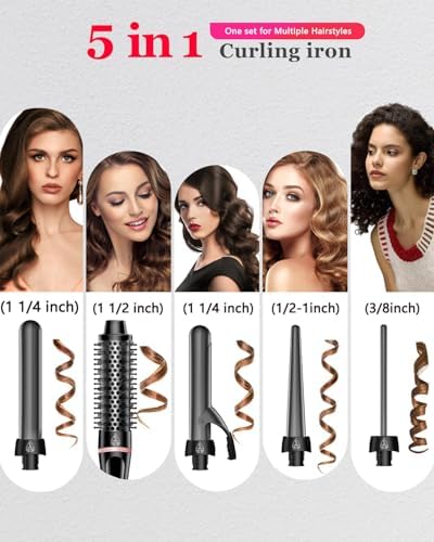 5 in 1 Curling Iron, Fast Heat Up Thermal Brush Set with 4 Interchangeable Ceramic Barrels (0.35”-1.25”) Dual Voltage Travel Tools Birthday Gift for Women - Hair Curler Wand Kit for Curls & Blowout - Image 2