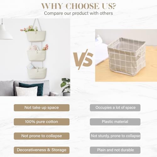 TeoKJ 3-Tier Hanging Baskets for Storage with Pearl Button Strap, Over The Door Storage Baskets for Bathroom, Bedroom, Closet, Door Storage Organizer for Decoration, White - Image 5