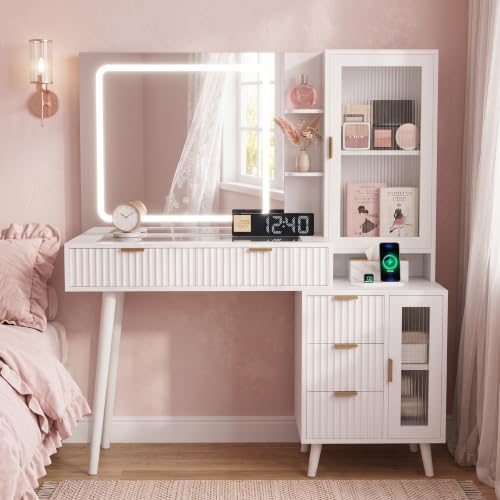 White Vanity Desk with Mirror and Lights, 49" Fluted Makeup Vanity Table with Glass Top, Charging Station, 5 Drawers, 2 Cabinet with Adjustable Shelves, Salon Station, Wood - Image 7