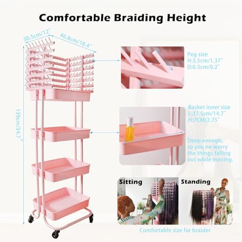 Braiding Hair Rack with 196 Pegs, Hair Extension Holder with 4 Tiers Storage Cart, Elegent Pink Braiding Rack Stand for Hair Braider, Sturdy Hair Rack for Salon, Home, Beauty School - Image 6