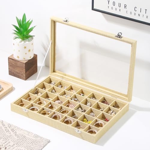 Coward Ring Earring Jewelry Organizer Box, 35 Grids Dustproof Display Holder Case, Yellow Linen Velvet Jewelry Bead Display Tray Case with Transparent Glass Lid for Momen Girls - Image 4