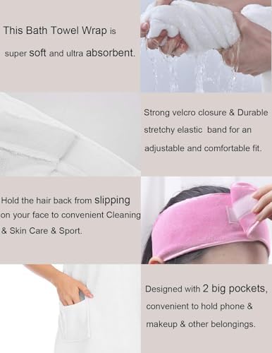 Veseacky Women Bath Wrap Towel for Womens Shower with Pocket Adjustable Spa Robe & Facial Headband - Image 6