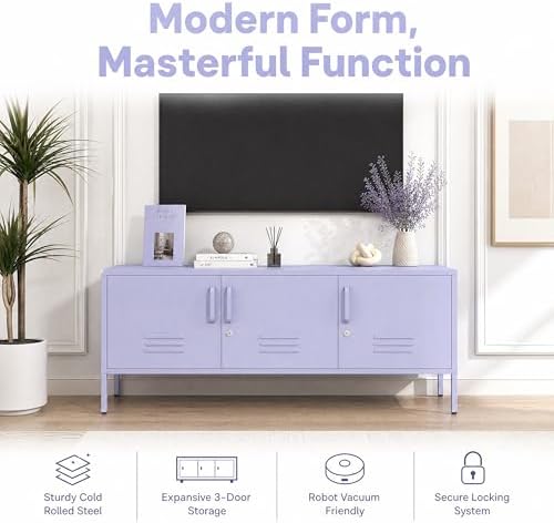 Purple Media TV Stand with Lock, 3 Door Metal Accent Cabinet with Adjustable Shelves, Steel Storage Sideboard for Living Room Bedroom Entrancy 22" H X 47.3" W X 13.8" D - Image 3