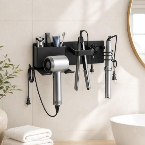 Hair Dryer Holder Wall Mount with 2 Storage Compartments, Aerospace Aluminum Blow Dryer Curling Iron Flat Iron Holder, No Drill Adhesive Bathroom Hair Tool Organizer, Heat Resistant (Black) - Image 4