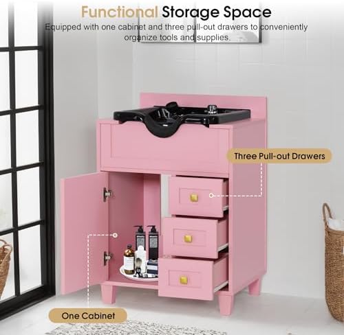 BarberPub Barber Storage Shampoo Station with Bowl & Cabinet 7131 (Pink) - Image 5