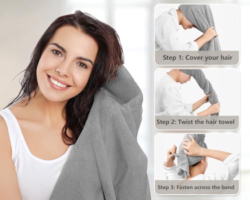 Hair Towel Wrap for Women 2 Pack, Anti-Frizz Microfiber Hair Plopping Towel Super Absorbent Quick Dry Turbans for Curly Wet Hair Grey Khaki - Image 3