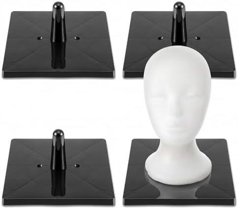 4 Pack Plastic Wig Head Stands Non-Topple Square Base – 7"x7"x3.3" Mannequin Holder for Tabletop Display, Styling, Cosmetology Manikin, Hats, Wigs, Hairpieces & Masks (Black) by Unknown