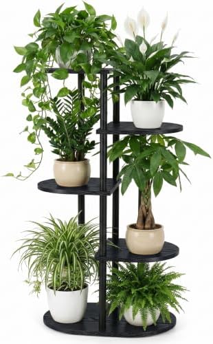 Tiered Plant Stand Indoor, Tall 5 Tier 6 Potted Wooden Plant Shelf for Multiple Flower Plants, Multi Corner Metal Plant Holder Indoor for Patio Garden Patent Design Living Room Balcony Bedroom, Black by Unknown
