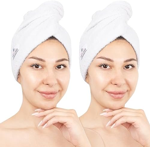 American Soft Linen 100% Cotton Hair Towels for Women, Head Towel Cap, Cotton Hair Turban Towel Wrap for Long Curly Anti Frizz Hair, Soft and Absorbent Cotton Hair Towels 2 Pack, White by AmericanSoftLinen